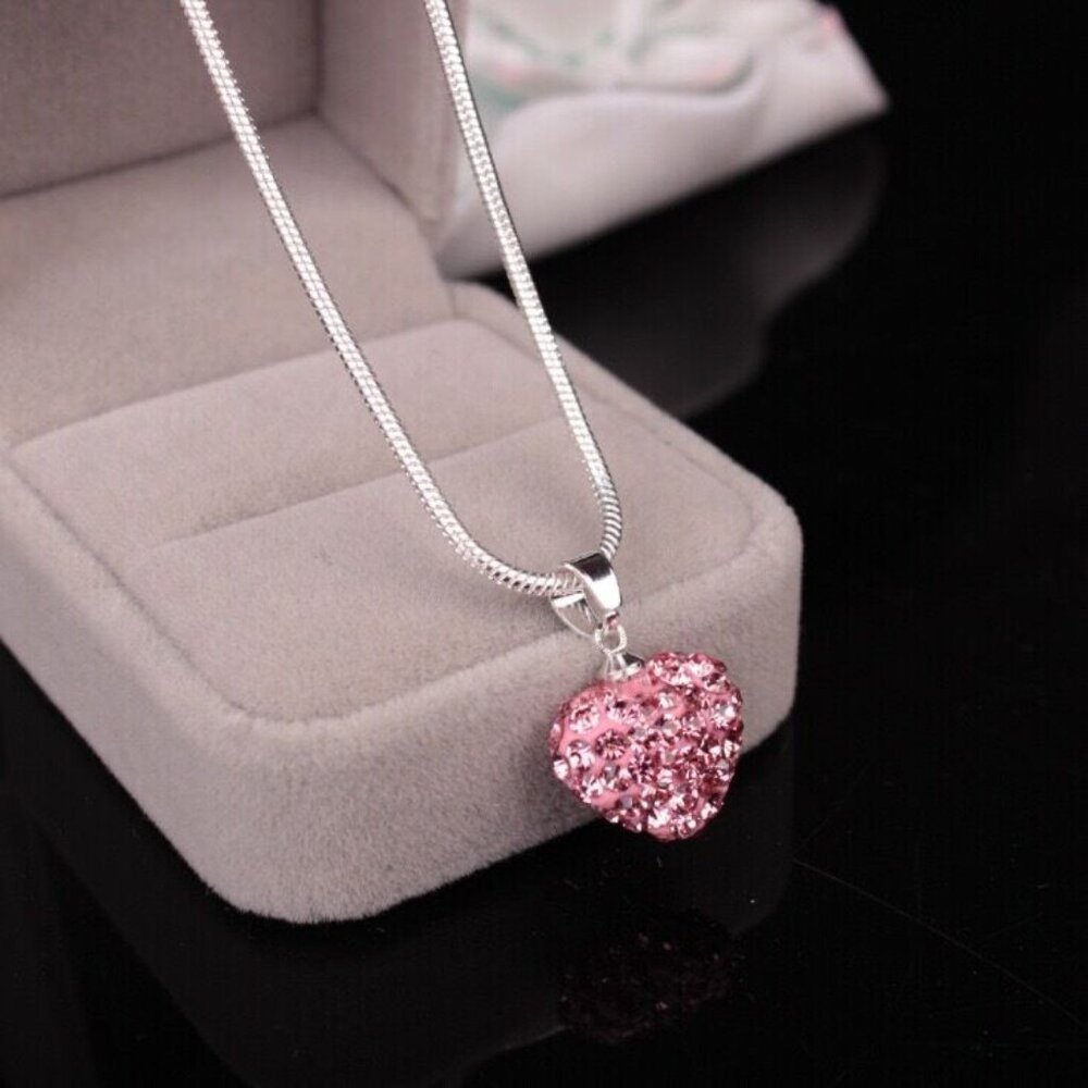 💲Sale 3/$15 - Silver Tone Necklace with Pink Heart Pendant with Rhinestones